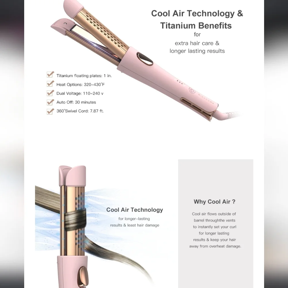 Miracomb 2-In-1 Professional Titanium Cool Air Straightener & Curler NIB